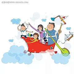 一家四口乘坐浴缸遨游天空eps|爸爸妈妈|帆船|狗狗|卡通人物|卡通人物图片|淋浴|轮子|漫画人物|气泡|人物素材|人物图片|矢量人物|矢量素材|刷子|望远镜|云彩