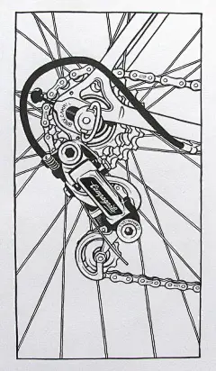 This may contain: a drawing of a bicycle wheel and chain on a white paper with black ink in it