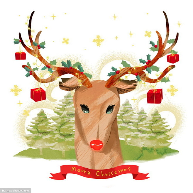 圣诞老人圣诞树麋鹿堆雪人冬季圣诞节插画插...