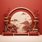 在中国画风格中，红色拱形舞台采用金色边框，平面背景，3D，创