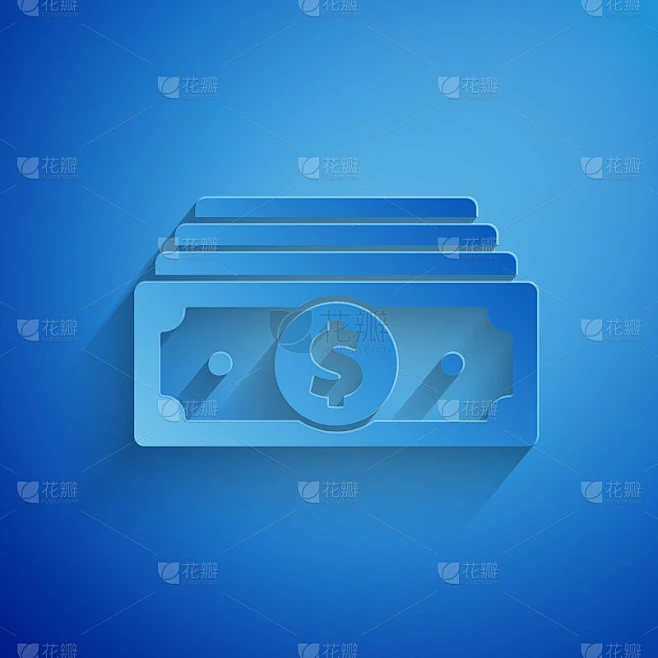 纸钱现金图标孤立在蓝色背景。钱钞票栈。比尔的货币。纸艺术风格。矢量图素材-花瓣网
