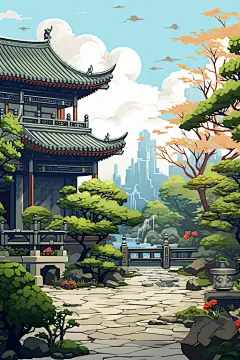 游戏像素风四合院建筑插画