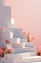 a white stair set, and some pink flowers, in the style of geometric minimalist sculptures, minimalist backgrounds, terracotta, michal karcz, light-filled, nature-inspired, 3d