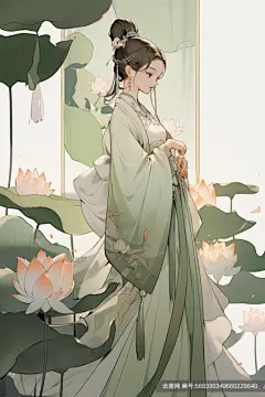 水墨荷叶古装绿衣少女古风女生插画