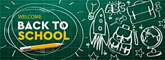 欢迎回到学校横横幅，涂鸦在方格纸背景，矢量插图。