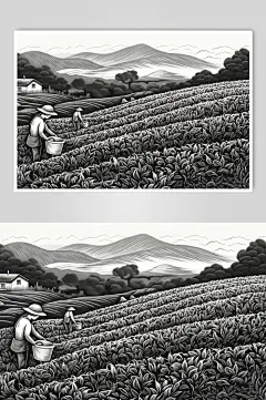 AI数字艺术复古铜版画茶园茶叶插画-众图网