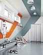 bright striped wrap locker room. stripes angles move eye along + up wall. across ceiling