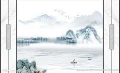 水墨山水树林小船大理石纹背景墙