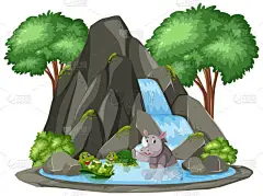 瀑布龟和犀牛的背景场景