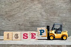 玩具叉车持块P来完成单词16 sep on wood背景(概念为日历日期在9月)