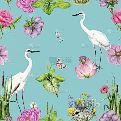 手绘无缝花卉图案与动物