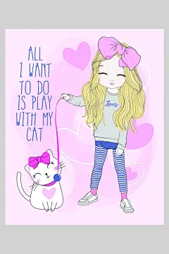 清新粉色猫咪创意高端大气女孩插画
