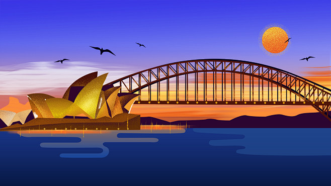 夜晚的悉尼歌剧院建筑插画