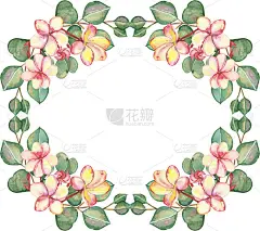 水彩手画自然花卉绿色植物方形框架粉红色和黄色鸡蛋花和绿色桉树枝在白色背景邀请和贺卡