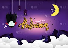 万圣节，晚安贺卡，吸血鬼和蝙蝠睡觉与月亮在天空卡通木偶角色，海报粉色和紫色柔和的背景矢量插图