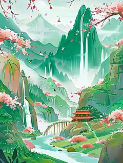古风山水古建筑的自然风景的插画（仅供交流学习非商用）(1)