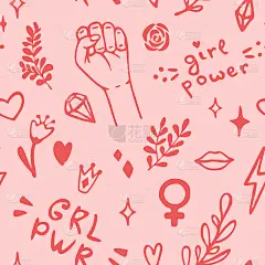 矢量无缝模式与手绘元素的女权主义主题:举起的拳头，口号，符号，皇冠，嘴唇，心，树枝，钻石，火花。