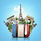 France, landmarks Paris, retro suitcase, travel #都会景观#