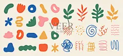 一套各种抽象形状，涂鸦和植物。手绘涂鸦。现代当代时尚插画。平面设计，手绘卡通，矢量。图片-商业图片-正版原创图片下载购买-VEER图片库