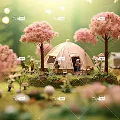 在森林中露营微型场景的帐篷周围有粉红色花朵孩子们玩耍海报