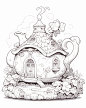 40 Beautiful Teapot Houses Grayscale Coloring Pages Printable for Adults, PDF File Instant Download