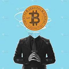 当代艺术拼贴。极简主义。灵感，想法，时尚的都市杂志风格。一个带着比特币符号的西装男取而代之
