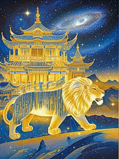 工笔画风格，傲游在宇宙星空中的狮子座，背负着华丽的宫殿与亭台楼阁，高对比度，高饱和度 (7)