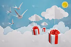 2019年新年快乐的纸艺术风格和空中落下的礼盒，在特殊的场合如新年快乐或情人节定制贺卡，3D渲染设计