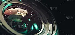 特写美丽的水滴镜头，水汪汪的灯光上以黑色的图案为背景进行设计。