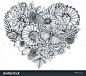 Floral heart. Bouquet composition with hand drawn flowers, plants and butterfly. Monochrome vector romantic love illustration in sketch style. Valentine Day card