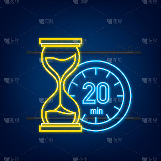 20分钟，秒表矢量霓虹灯图标。秒表图标在平面风格，计时器在彩色背景上。矢量插图。