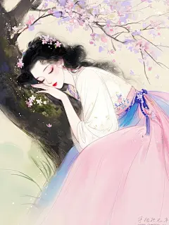 一个穿着粉红色连衣裙的女人坐在一棵树下，上面写着她是