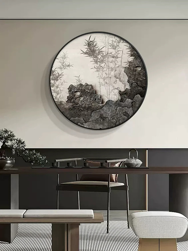 新中式入户玄关装饰画圆形太湖石led灯画走廊过道肌理感挂画客厅-tmall.com天猫-花瓣网