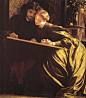 《画家的蜜月》,1864年,83.8x77.5cm,布油彩,MuseumofFineArts，Boston,波士顿美术馆
作品被描绘得十分完美，构思新颖，用色讲究，注重黑白关系的对比。画中画家与新婚妻子相互依偎，年轻的妻子在看画家作画，感情甚笃。在画面处理上，莱顿颇具匠心，精心处理了光影关系，以严谨的造型结构描绘处于侧光中的人物，使画面色彩充满贵族气息。并且由于循着古典绘画法则，对比色的运用显示一种华美感，成为莱顿绘画特有的手段。 #英国画家# #油画人物#