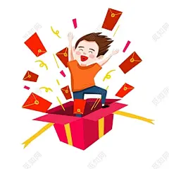 大吉开门红包卡通人物手绘扁平化红包爆发多图层人物PNG素材
