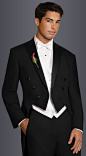 Black Full Dress Tail Coat in modern fit,  6-button peak lapel.  Available at #FriarTux