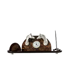 意大利原产GOLD LINE镀银胡桃木底双头马名片架笔筒雕塑摆件 银色【办公桌摆件】- 喜地