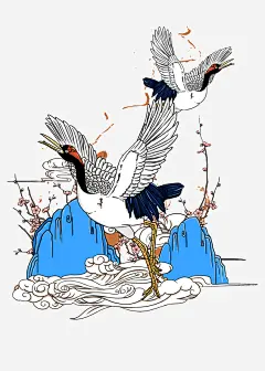 国潮古风仙鹤祥云远山