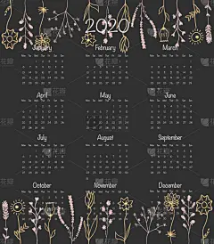 2020,模板,绘画插图,时尚,矢量,日历,字体,星期,花,设计
