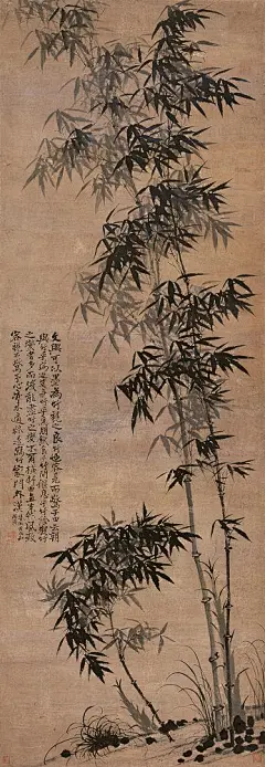 石涛——《 墨竹图》【文与可以墨为竹，视之良竹也。客见而惊...客视不惊，予心亦未适，终是写竹家门外汉】墨竹立轴欣赏  |  
明末清初|石涛(1642-1708)，原姓朱名若极，桂林人祖籍凤阳，小字阿长，僧法号元济、原济，自称苦瓜和尚。别号枝下叟、济山僧、石道人、一枝阁、大涤子、清湘老人、瞎尊者等。与弘仁、髡残、朱耷合称&quot;清初四僧&quot;。工诗善书画山水兼兰竹。广师历代画家之长。是中国绘画史上一位十分重要人物。