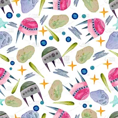 Сute卡通水彩图案上的一个空间主题。空间物体的插图。这幅画是用手画的。设计贺卡，封面，面料，壁纸，