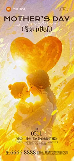 母亲节梦幻光感母亲抱孩子爱心海报AIGC