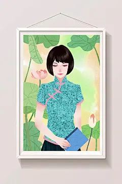 唯美中国风民国旗袍少女插画图片