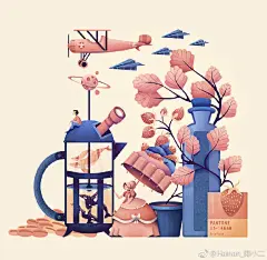 #海楠插画分享# 插画师Luiza Laffitte，极漂亮的扁平风插画，创意和色彩特别加分，分享给大家~黄人的日子要多思考哦~~~ ​​​​