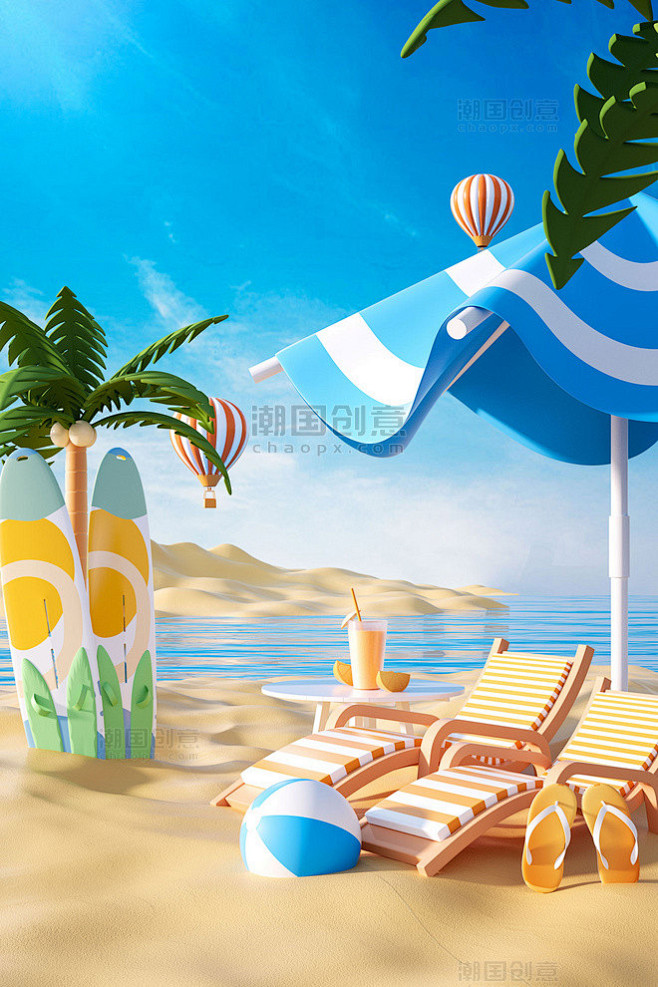3D立体原创夏日阳光沙滩海边电商促销场景...