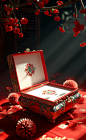A red and white box opened 3d images, in the style of chinese cultural themes, realistic still lifes with dramatic lighting, daz3d, money themed, neo-traditionalist, award winning, high-angle