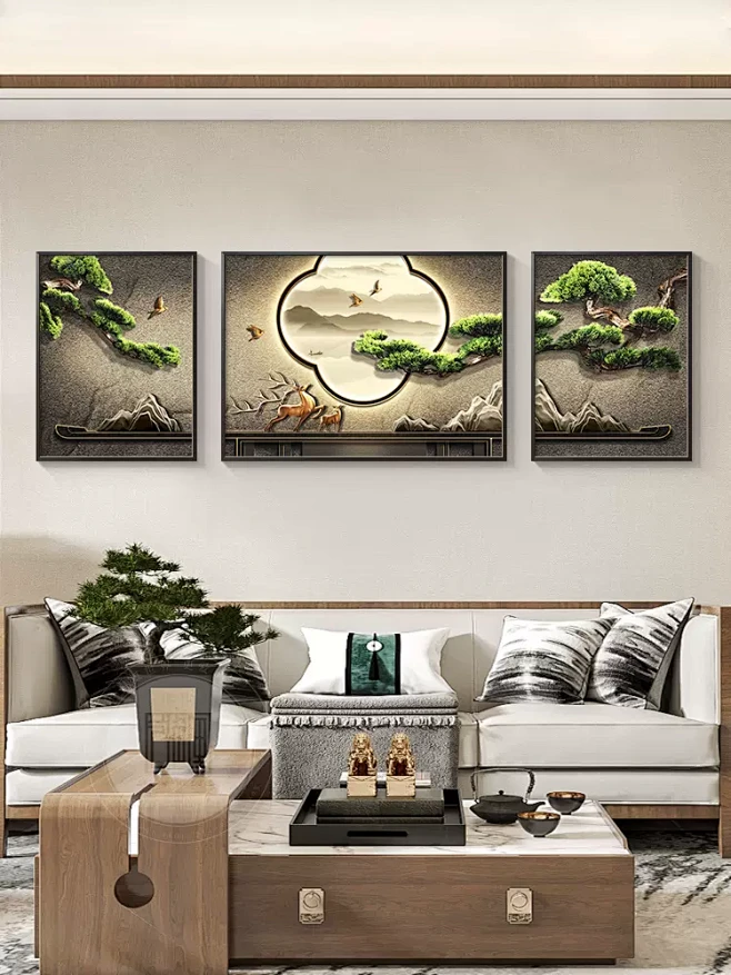 迎客松客厅挂画三联画新中式沙发背景墙装饰画高档大气壁画寓意好-tmall.com天猫-花瓣网