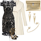 A fashion look from December 2015 featuring black lace dress, white coat and gold sandals. Browse and shop related looks.
