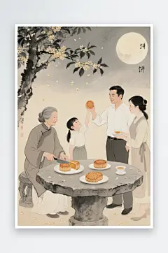 吃月饼赏月亮中秋节阖家团圆人物插画