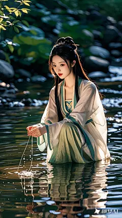 真实照片，电影光效，最好质量，暗黑风格，西施，春秋时期越国美女，身材匀称，面容娇媚，眉弯如画，眼波流转，唇角含笑。在一个清晨，西施来到溪边浣纱。她穿着简单的布衣，头发轻轻束起，双手浸在清澈的溪水中，轻